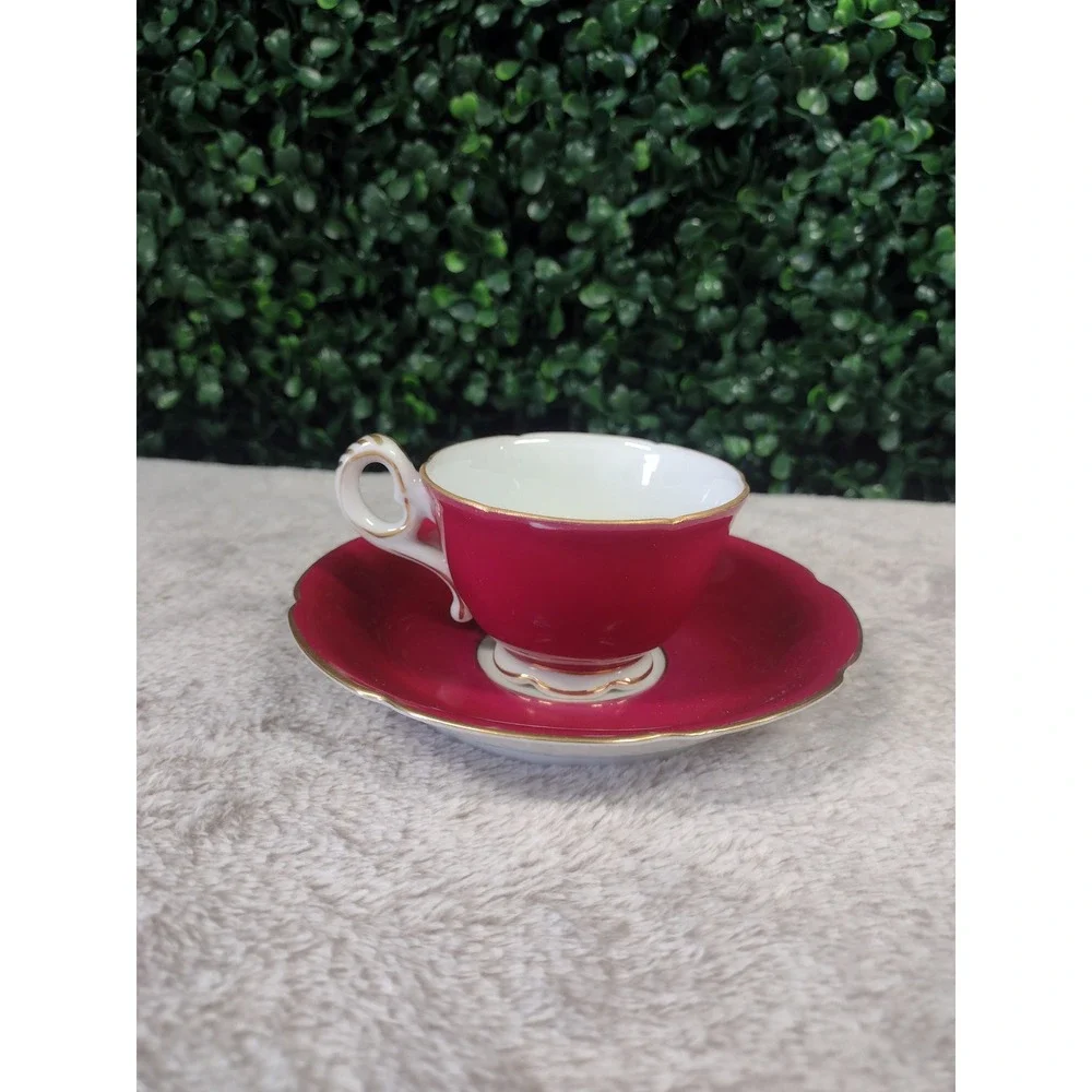 Occupied Japan Red‎ WAKO China Small Tea Cup Saucer Set Rose Floral Gold Accents